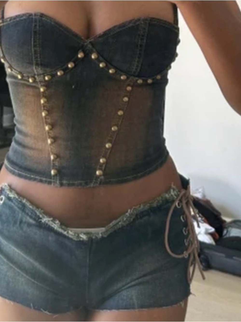 Denim Studded Corset Top in Dark Blue - Picture 2 of 2